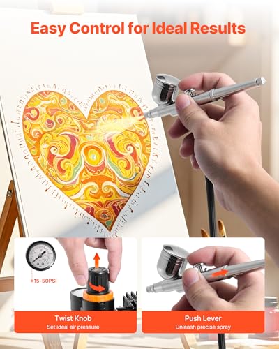 VEVOR Airbrush Kit, 1/6 HP, Air Brush Kit with Air Compressor, 3 Dual-Action Professional Airbrushes with 3 Tips, Hose, Acrylic Paint, Brush, Low Noise, for Cake Decorating, Model Painting, Nail Art - style: Airbrush Kit +24 Paints