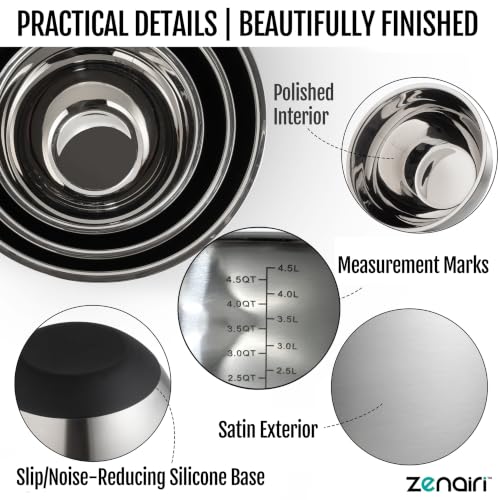 Stainless Steel Mixing Bowls with Glass Lids, Premium 3-Pc Plastic-Free Set