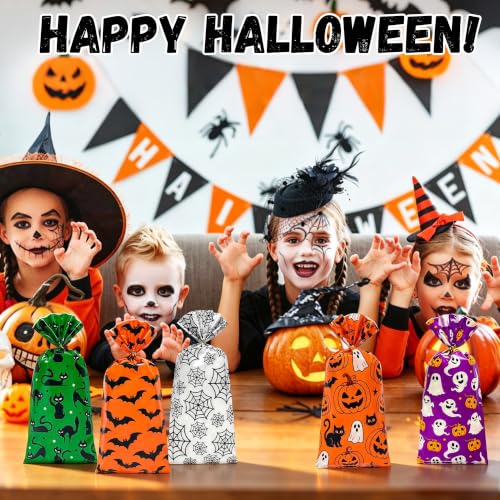 100 Pcs Halloween Treat Bags with 110 Gold Twist Ties - 5x11 Inches Halloween Cellophane Bags for Candies, Snacks, Party Favors & Gift Packaging, 2.8 Mil Thick Plastic Halloween Goodie Bags for Kids - color: Halloween 100pcs（5 Design）