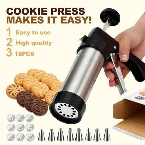 Stainless Steel Cookie Press Gun Kit: 13 Discs + 8 Piping Tips, for DIY Cake Decorating & Baking Supplies