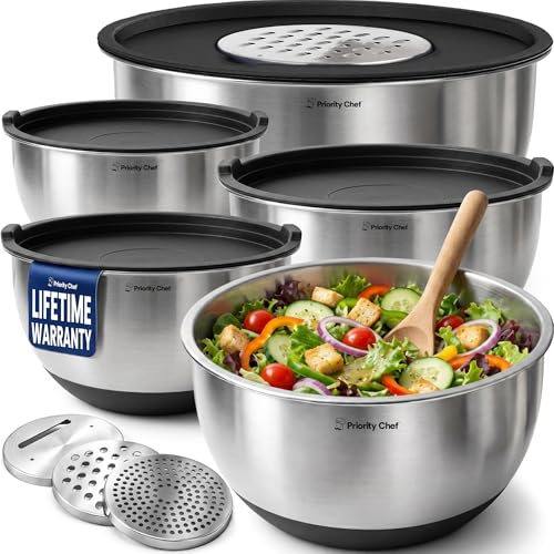 Priority Chef Stainless Steel Mixing Bowls with Lids Set, 3 Grater Attachments, Airtight Lids, Non-Slip Silicone Base Mixing Bowl Set, Large Prep Metal Mixing Bowls for Kitchen, Black - color: Black