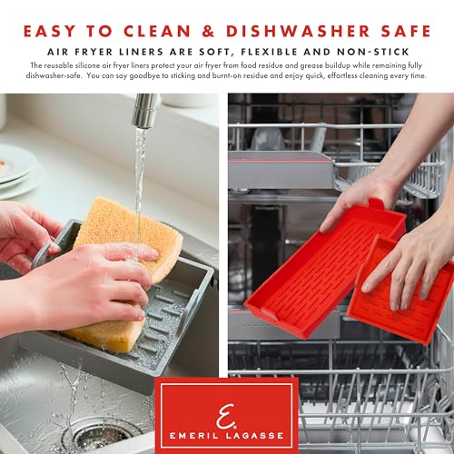 Emeril Lagasse Air Fryer Liners (4-Piece Reusable Silicone Set), Nonstick Silicone Air Fryer Oven Liners Compatible with Emeril Lagasse 25QT & 26QT Air Fryer Oven, Dishwasher Safe – Red - color: Red