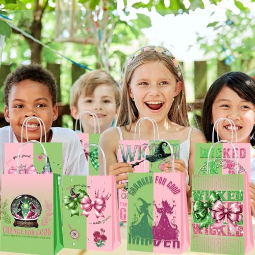 Junyaoii 16pcs Witch theme Dessert Bag, 6.3 * 3 * 8.2inch,Witch paper Bags for Candy Party Favors,Green and Pink gift Bags, Birthday Party Decorations