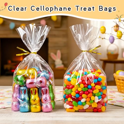 rebucas Cellophane Bags Flat Bottom Cookie Bags Cellophane Treat Bag with Twist Ties for Candy, Cookies, Popcorn, Small Gift Wrapping, 50 Pack 7x10 Inches, Clear - size: 7x10 inch (Pack of 50)