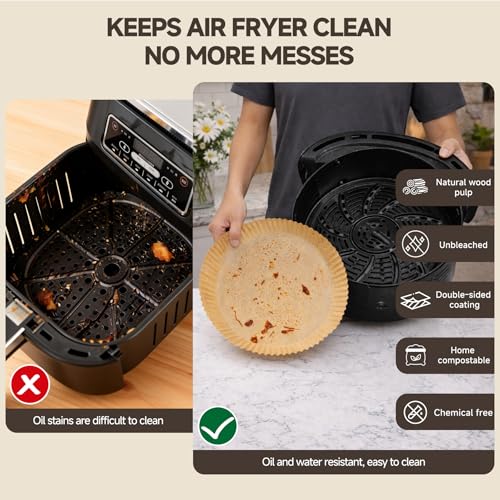 PakTalk Air Fryer Liners Disposable, Round Non-Stick Oil Proof Parchment Paper for Air Fryer Basket, Pre-Cut Bowl Shape Unbleached Food Grade for Oven Microwave Steamer (6.3 inch-50 pack) - size: 6.3 inch-50 pack