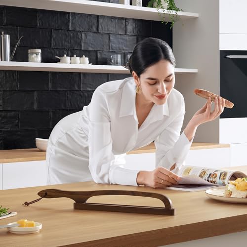 Bread Knife with Wooden Tray, 16.5" Serrated Sourdough Bread Knife, Premium Bow Bread Slicer for Homemade Bread, Bagels & Loaf, Stainless Steel Cutter (Black Walnut, Narrow-Spacing) - color: Black-Narrow Walnut