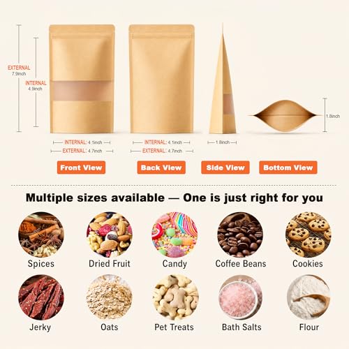 FireKylin 100 Pcs Resealable Bags, Matte Window, Paper, Brown,4.7 x 7.9 in - color: Brown, size: 4.7"x 7.9"