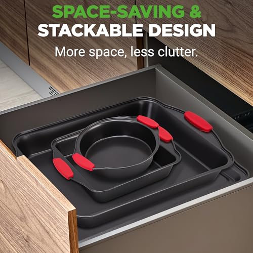 NutriChef Nonstick Baking Pans Set 6 Piece | Carbon Steel Baking Pans for Oven with Silicone Handles Stackable Bakeware | Includes Cookie Sheet, Muffin, Loaf, Round and Square Pan | 446°F Max, Gray - size: Set of 6