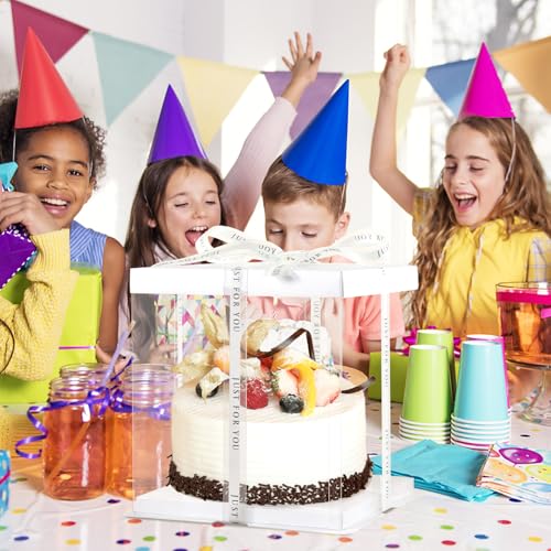 JCD 7" X 7" X 8" Ideal for 4" and 5" Inch two Layer Tiered Cakes Box,6 Pcs Transparent Cake Box with Ribbon for Pastries-Clear Boxes with Lid for Party and Display (White Lid, 7 * 7 * 8inch/6Pcs) - size: White Lid 7inch/6Pcs