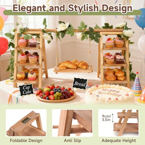 Wooden Cupcake Stand, Foldable 3 Tier Cupcake Display Stand, Walnut Brown