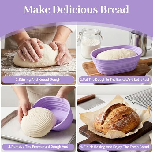 MAQUITA 4-Pack Oval Silicone Bread Proofing Basket, 10-Inch Sourdough Proofing Basket Set (Purple)