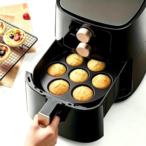 7 hole Non Stick Silicone Liners And Muffin Pan for Air Fryers - Reusable Baking Trays Easy to Release And Clean - color: Black