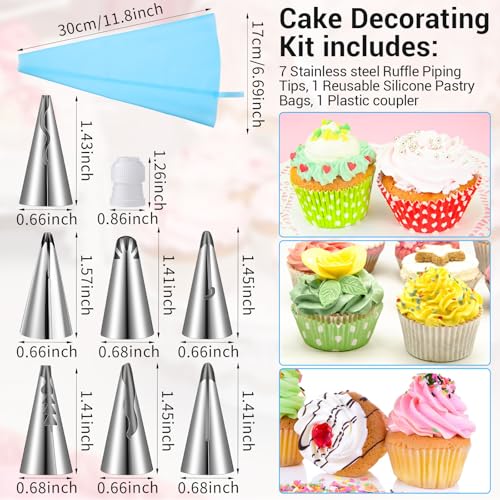 9 Pcs Reusable Piping Bags and Tips Set, Stainless Steel Ruffle Large Piping Tips with Pastry Bag Cake Decorating Tips for Cupcakes Cookies Cake Decoration Tools