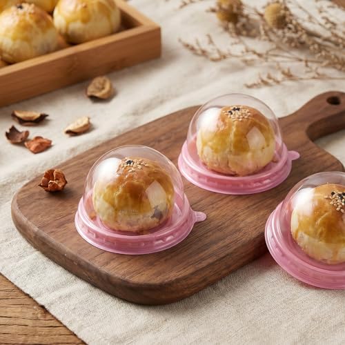 200 Set Mini Cupcake Boxes, 2.76x2.76x2 inch Clear Plastic Container Box with Pink Base & Dome Lid for Muffin, Pastry, Dessert, Mooncake, Wedding Birthday Party Supplies