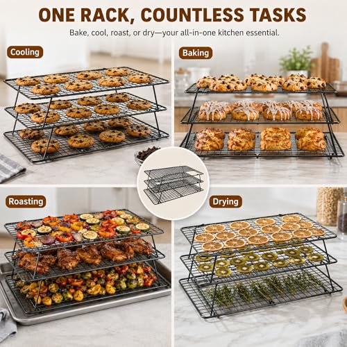 Cooling Rack 16"x10", 3-Tier Stackable & Collapsible Cooling Racks - color: Black, size: 3-Tier-SL