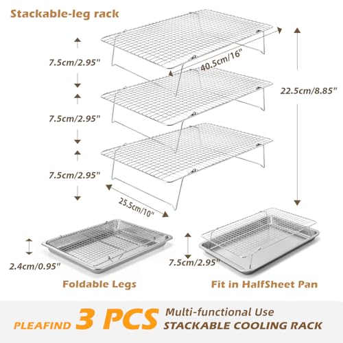 Pleafind 3 Pieces Stackable Cooling Rack - 16 x 10 Inch Wire Rack, 0.43" Dense-Grid Cooling Racks for Cooking, Baking, Roasting, Grilling, Oven and Dishwasher Safe, Silver - color: Argent