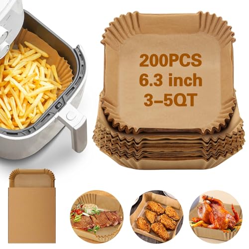 200Pcs Air Fryer Paper Liners, 6.3 Inch Square Disposable Air Fryer Liner, Non-stick Parchment Paper for Frying Baking Roasting Microwave Oven - size: 6.3"Square