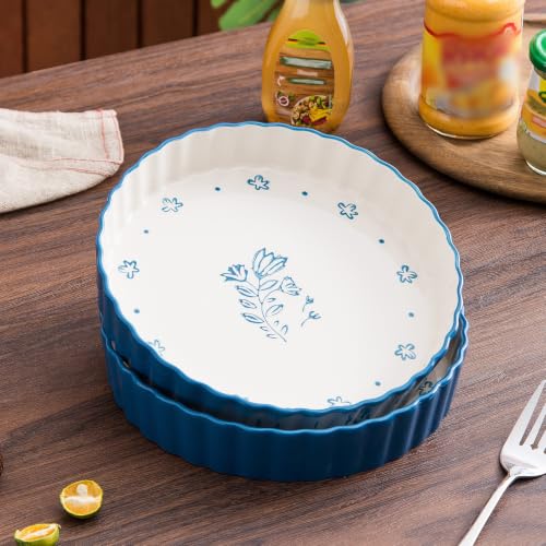 Wisenvoy Pie Pan Tart Pan Quiche Ceramic Pie Dish Pie Plate Tart Pans 9 inch Deep Dish Pie Pan Quiche Pan - color: Blue