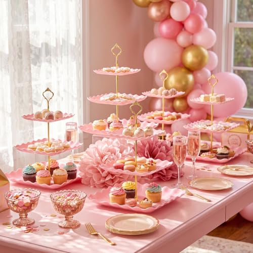 6 Pack of Plastic Square Dessert Cupcake Stand, 3 Tier Pink Cup Cake Holder Display Tower Dessert Tiered Serving Trays for Wedding Birthday Baby Shower Tea Party Decorations
