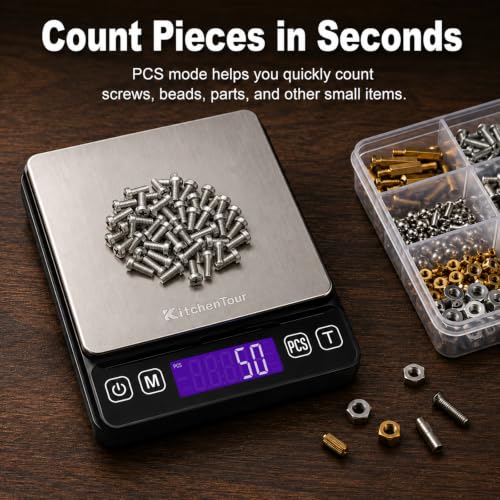 KitchenTour Digital Kitchen Gram Scale - 3000g/0.1g - High Accuracy Precision Food Scale with 9 Units(g/oz/ml/lb/lb:oz/gn/ozt/DWT/ct) - Meat Scale with Back-Lit LCD Display(Batteries Included) - size: 3000g/0.1g (Pack of 1)