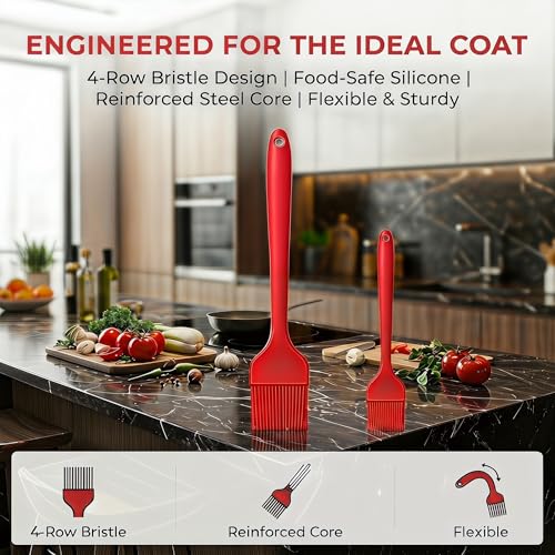 Silicone Basting Brush 2 Pack with Steel Core, Heat Safe BBQ Pastry - color: Red