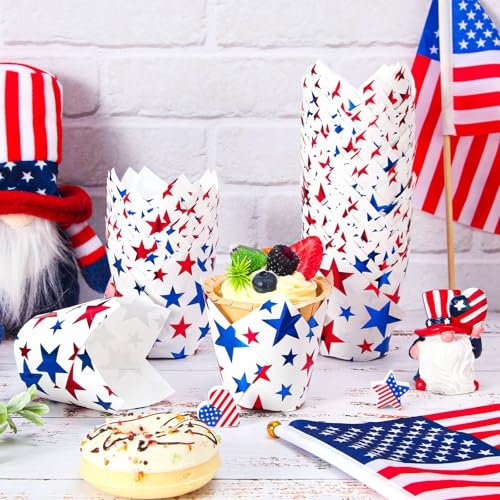 Whaline 120 Pcs July 4th Patriotic Tulip Cupcake Liners Red Blue Star Foil Baking Cups Independence Day Cupcake Muffin Wrappers for 250th Anniversary Memorial Day Party Supplies Table Decor - style: Star