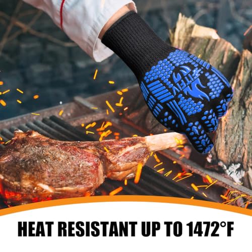 BBQ Gloves, 1472°F Heat Resistant with Silicone Grip Oven Mitts - color: Blue, size: Long (Glove L 13.78" × Palm W 6.33")