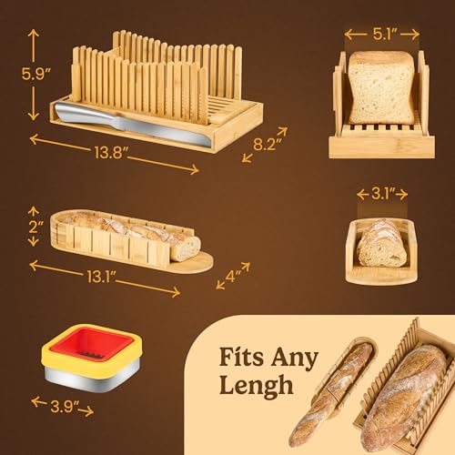 Bread Slicer Guide for Homemade Bread 3-In-1 Set: Sourdough Rounds Slicer, Baguette Cutter & Sandwich Sealer | Bread Loaf Slicing, Adjustable Bamboo Bread Cutter With Knife & Magnetic Slot - size: 3-in-1 Set (Full Kit)