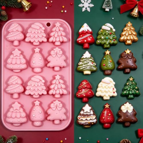 3 Pack Christmas Silicone Baking Mold, Christmas Tree Holiday Silicone Molds Soap Candy Molds for Chocolate Jello Snowman Gingerbread Snowflakes Socks Bells Santa Baking Mold (Xmas-Pink) - color: Xmas-Pink
