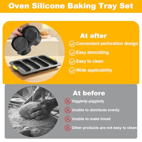 3 Pcs Silicone Baguette Pan and Hamburger Bun Pan Set, Non-Stick Hamburger Bun Mold for Baking with Scraper, 4 Wave Silicone Baguette Bread Pan Set & 6 Cup Silicone Hamburger Bun Mold