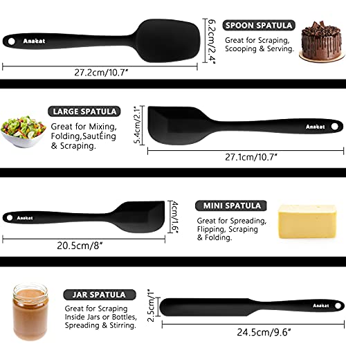 Anaeat 4 Piece Silicone Spatula Set - Seamless One-Pieces Design - Non Stick Rubber Spatulas Kitchen Scraper for Baking, Cooking, Scraping & Mixing, Heat Resistant & BPA Free & Dishwasher Safe (Black) - color: 4 Pcs Spatulas (Black), size: Essential Spatu