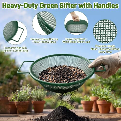 Mulctun 2Pcs Soil Sifter with Handles,Heavy Duty Dirt Sifter for Gardening - color: Green, size: 2 Pcs (2,4mm grid)