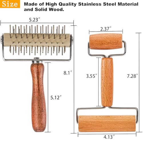 Dough Docker Roller Stainless Steel and Wooden Dough Roller, Set of 2 Pizza Pin Roller Dough Hole Maker Wood Pastry Pizza Roller for Pizza, Cookie, Pie, Pastry, Bread, Crust