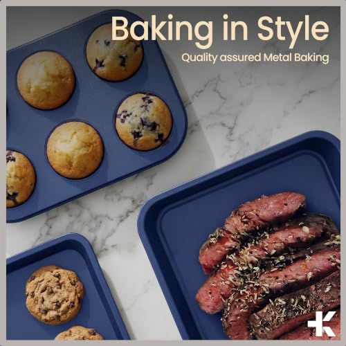 BAKKEN Nonstick Carbon Steel Bakeware Set - 6 Piece Kitchen Baking Trays, Non Toxic Stackable Oven Pans Bundle with Cookie Sheets, 6 Cup Muffin, Roaster, Square Cake, and Loaf Pan for Bread - color: Blue