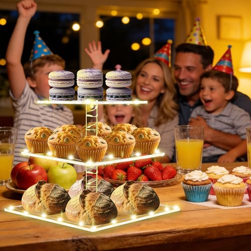 Square Cupcake Stand with Yellow Lights, 3 Tier Dessert Display Stands - color: Yellow Light, size: 3 Tier Square