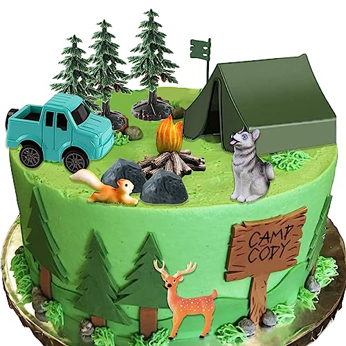 16 Pcs Camping Cake Toppers Camp Cake Decorations Fireside Camp Forest Cake Decors for Kids Camping Forest Theme Party and Camping Fans' Birthday Supplies - style: Camping Cake Toppers