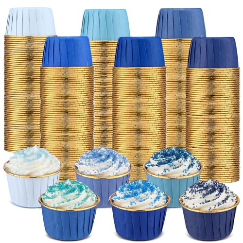 Geiserailie 100 Pcs Blue Jean Cupcake Liners Gold Foil Wrappers - color: Blue Jean, style: Classic