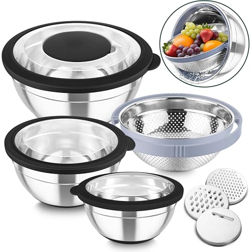 TeamFar Mixing Bowls with Colander, Stainless Steel Salad Bowls, Black - color: Black
