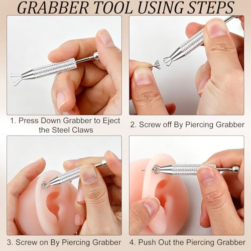 ONESING 2Pcs Piercing Ball Grabber Tool for Changing Jewelry, Stianless Steel Flat Back Earring Applicator Internally Threaded Push Pin Piercing Grabber Tool - color: Silver-D