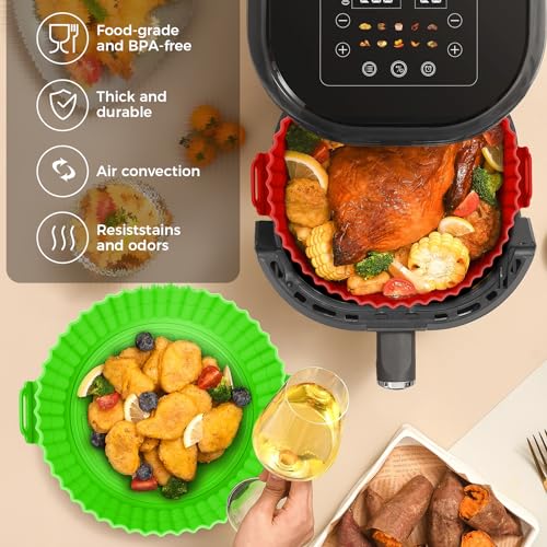 Buauty 3 Pack Air Fryer Silicone Liners 8inch Air Fryer Silicone Pot Reusable Food Grade Silicone Airfryer Liners Baking Basket Accessories Replacement of Flammable Disposable Parchment Paper - color: 8" Round: Blue+Green+Red