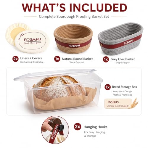 2-Pack Banneton Bread Proofing Baskets – Sourdough Starter Kit for Home Bakers, Cotton Rope Bannetons with Liners, Hanging Hooks & Dough Guide (1 Round + 1 Oval)