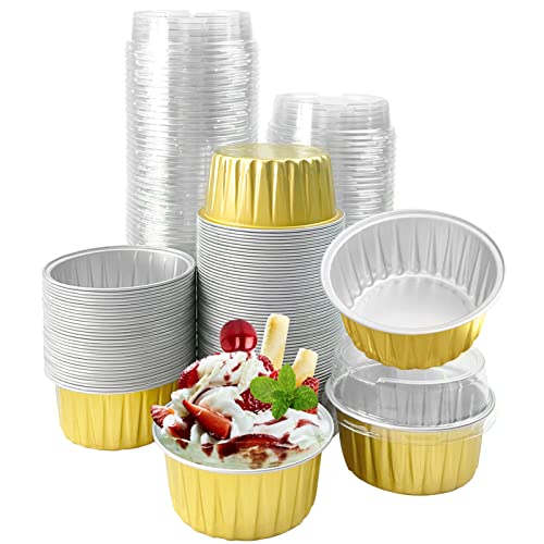 100Pcs Aluminum Cups with Lids,5oz Disposable Ramekin Baking Cups Muffin Liners Mini Pie Pans Foil Cupcake Containers for Christmas Party Wedding Party,Gold - color: Gold