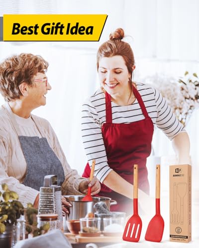 BUNDLEPRO Silicone Spatula, Solid & Slotted Turner, BPA-Free, 2 Pack, Red - color: Red