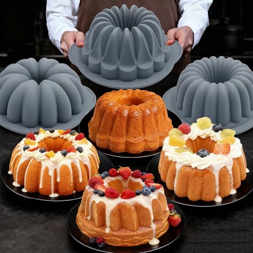 Tongjude 4 Pieces Silicone Fluted Tube Cake Pans, 10 Cups Tube Baking Pan, Jello Mold, Silicone Molds for Homemade Cake, Bread and Jello, Non-Stick, Grey - size: 4pcs fluted tube cake pans (10 Cups)