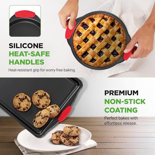 NutriChef Nonstick Baking Pans Set 6 Piece | Carbon Steel Baking Pans for Oven with Silicone Handles Stackable Bakeware | Includes Cookie Sheet, Muffin, Loaf, Round and Square Pan | 446°F Max, Gray - size: Set of 6