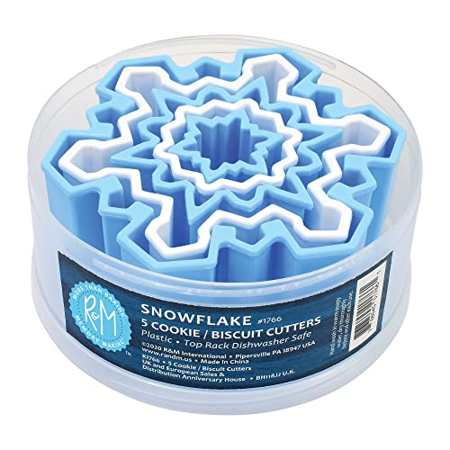 R&M Snowflake Plastic Biscuit & Cookie Cutters 5-Piece Set - Blue & White Nesting Snowflake Cutters 1.375" to 4.25" for Christmas & Winter Baking - style: Snowflake