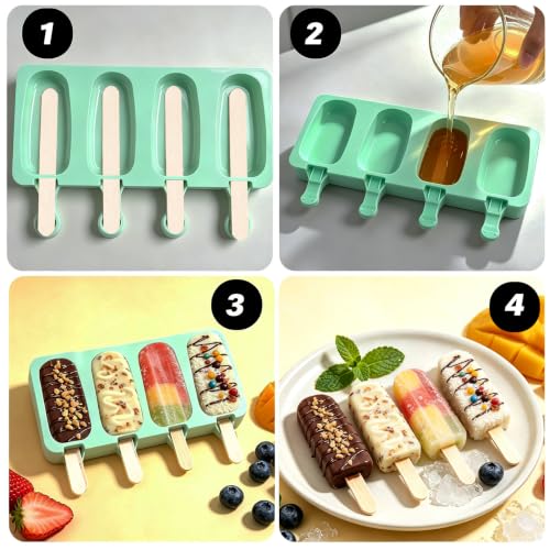 Silicone Popsicle Molds, 2 Pcs Green Popsicles Molds, 4 Cavities Ice Cream Mold with 50 Wooden Sticks for Making Cakesicles Fudgesicle Candy DIY Cake Ice Pop Summer Party Supplies - color: Green