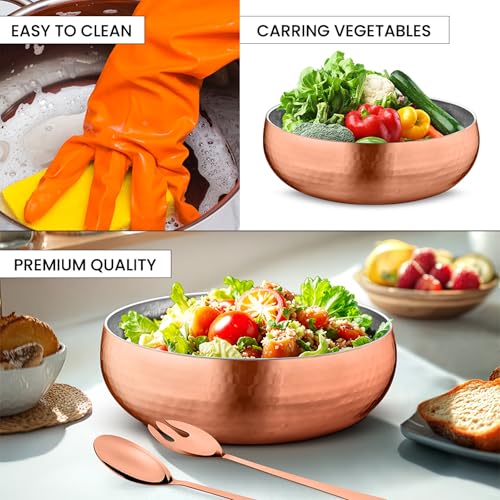 Avador® Set of 3 Premium Stainless Steel Salad Mixing Bowl Hammered Finish | Handmade | Includes Salad Serving Utensils (Rose Gold) - color: Rose Gold