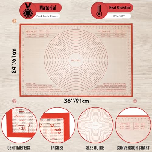 Silicone Pastry Mat 36x24 Inch Nonstick Baking Mat Large Dough Rolling Mat - color: Red, size: 24"L x 36"W
