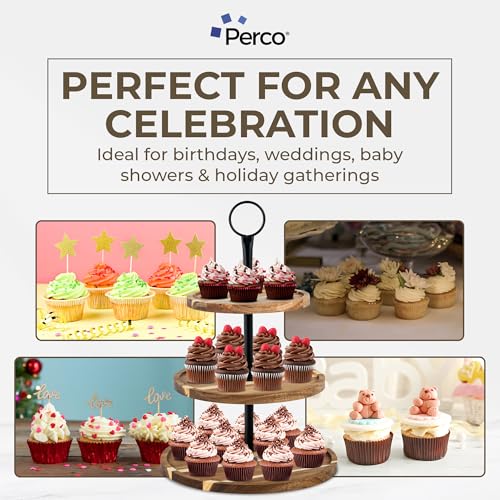 Perco Cupcake Stand, 3 Tier Wooden Tiered Display Stand for 20 Cupcakes – Wood Dessert Table Display Set, Tiered Serving Tray for Weddings, Birthdays, Baby Showers & Events - color: Acacia Wood